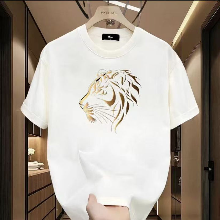 100% Pure Cotton Golden Tiger Head Graphic Crew Neck Short Sleeve T-Shirt For Men