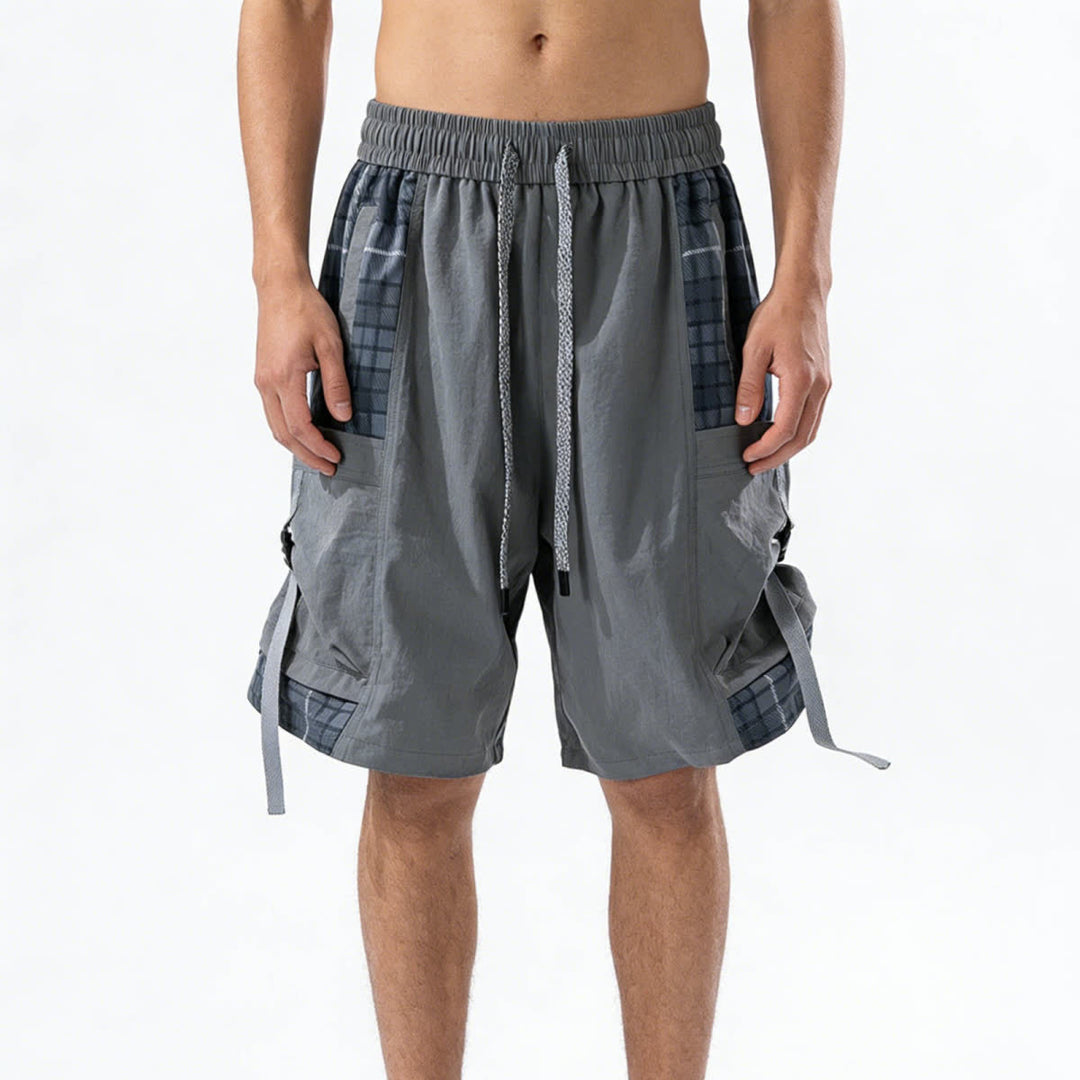 Premium Lightweight Casual Cargo Shorts For Men, Plaid Splice Multi-Pocket With Strap Decor Summer Short Pants