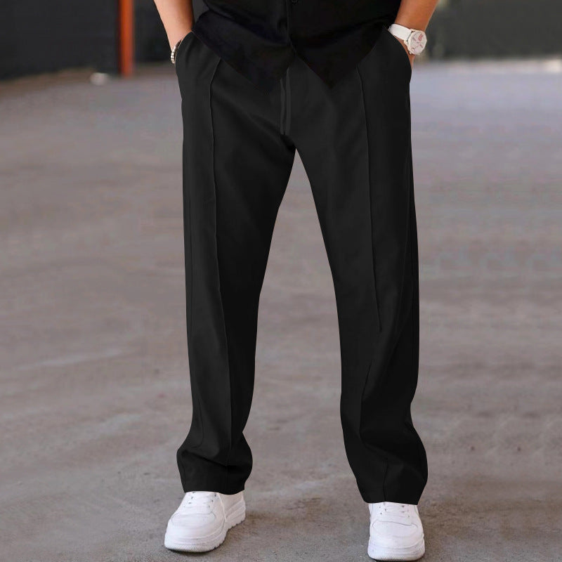 Men Solid Color Loose Straight Leg Pants, Classic Mid Line Detail Comfortable Casual Daily Versatile Bottom Wear