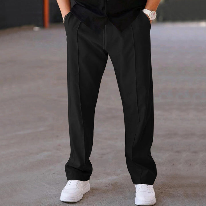 Men Solid Color Loose Straight Leg Pants, Classic Mid Line Detail Comfortable Casual Daily Versatile Bottom Wear