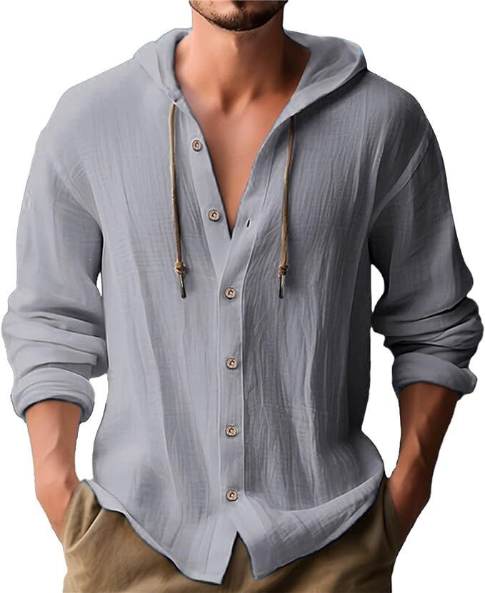 Men’s Linen Hooded Shirt – Casual Beach Long Sleeve Button Down Lightweight Summer Top