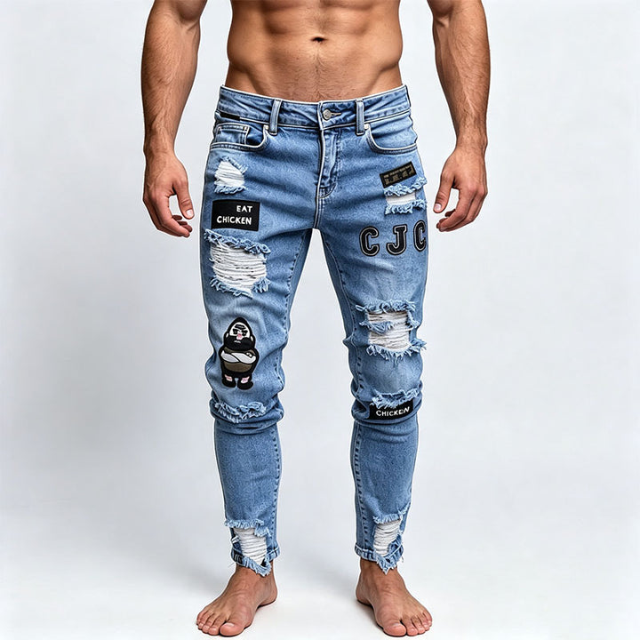 Street style patterned patchwork ripped jeans