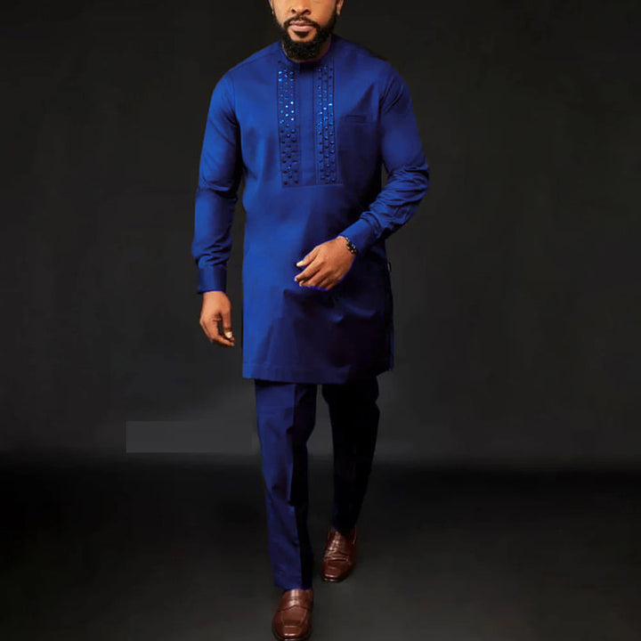 Round neck ethnic style top and trousers set