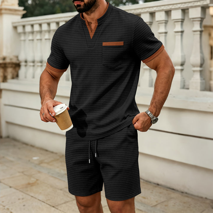 Men’s Casual Plaid Pocket V-Neck Tee &amp; Shorts Co-Ord Set