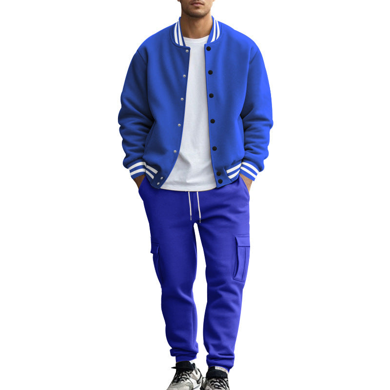 Men Fleece Lined Stand Collar Baseball Jacket Pants 2‑Piece Set