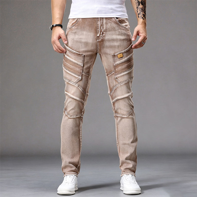 Stylish paneled slim-fit biker-style jeans