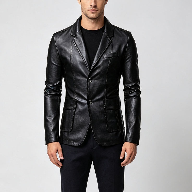 Single-breasted leather blazer with lapels
