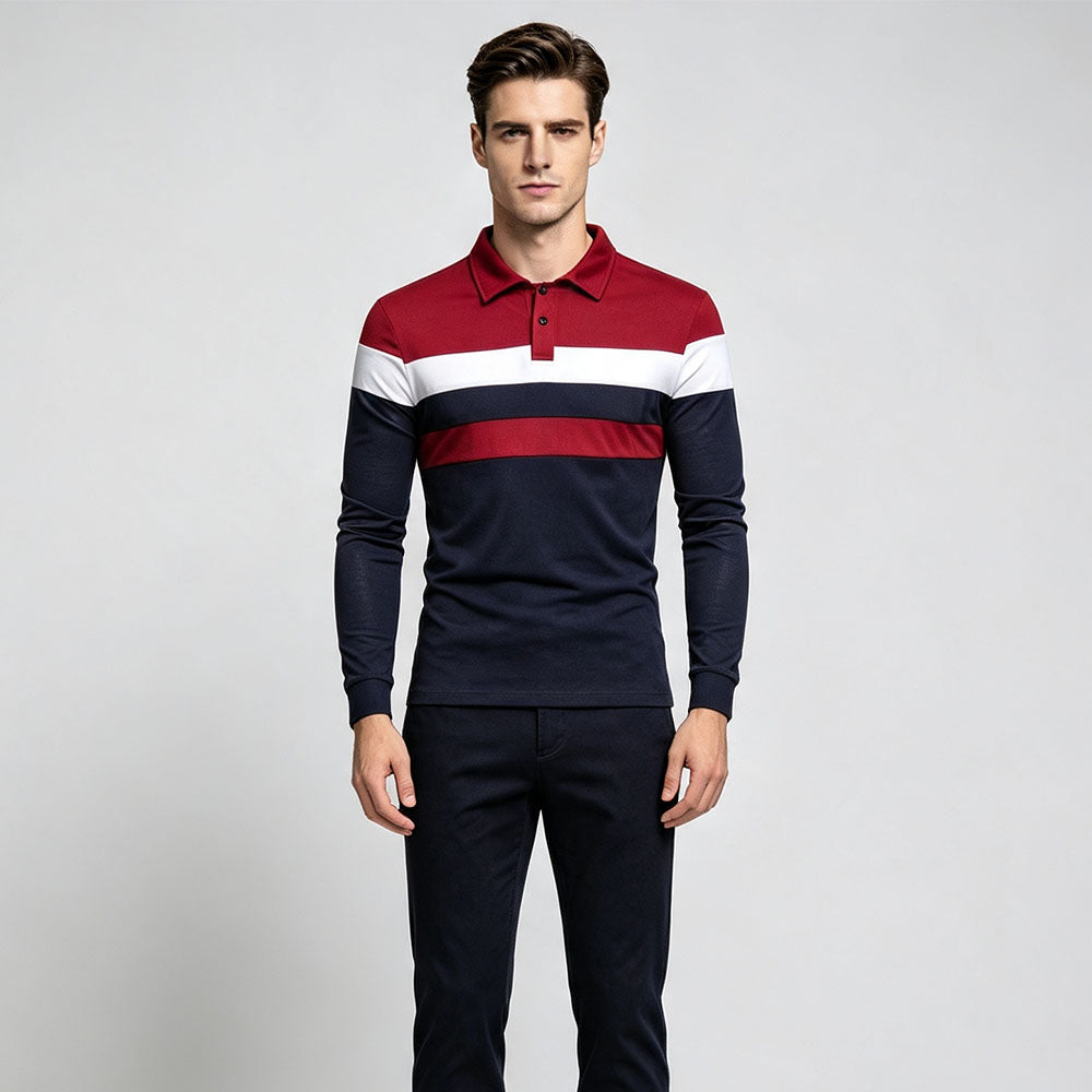 Tricolor patchwork collared long-sleeved polo shirt