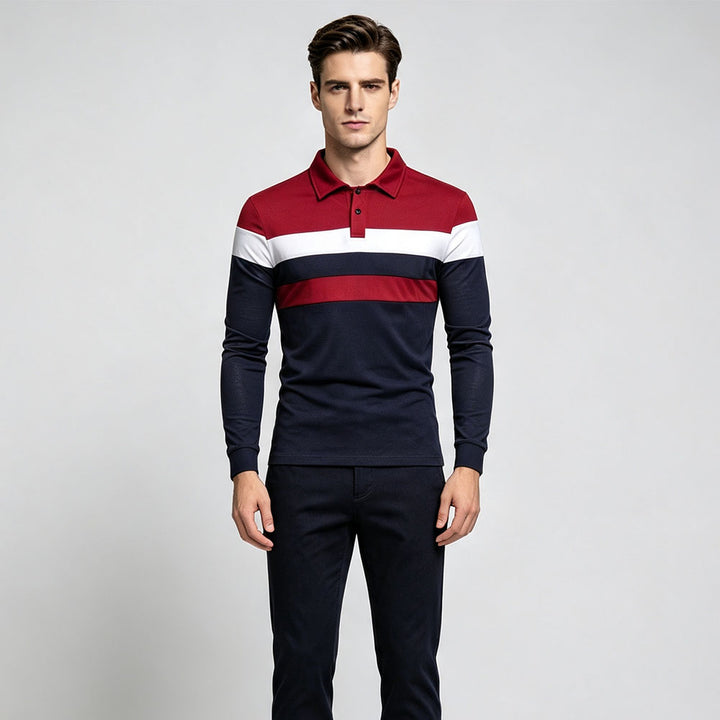 Tricolor patchwork collared long-sleeved polo shirt