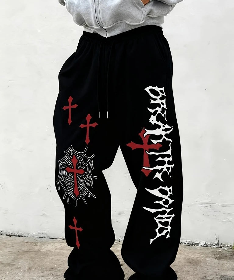 Gothic-style print loose sweatpants