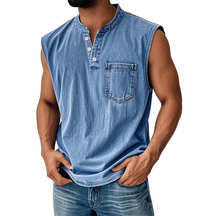 Stand-up collar button sleeveless top
