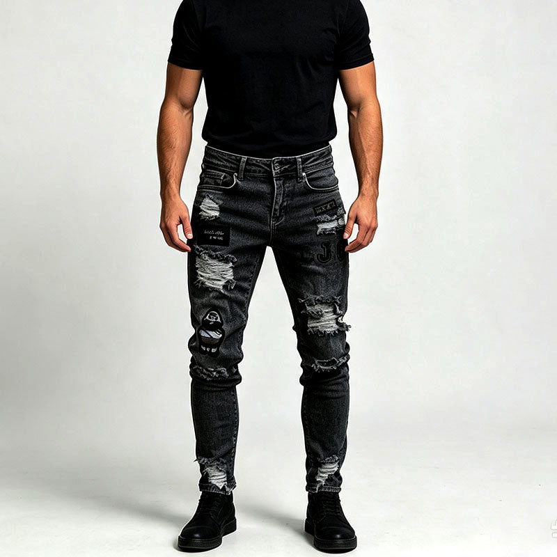 Street style patterned patchwork ripped jeans