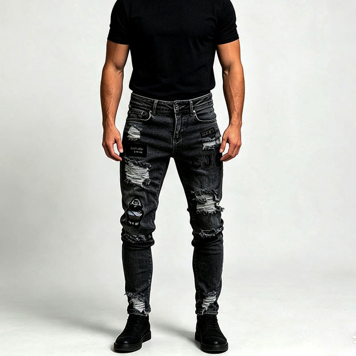 Street style patterned patchwork ripped jeans