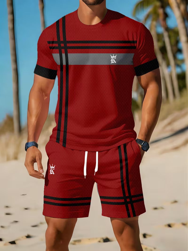 Casual geometric print T-shirt and drawstring shorts set