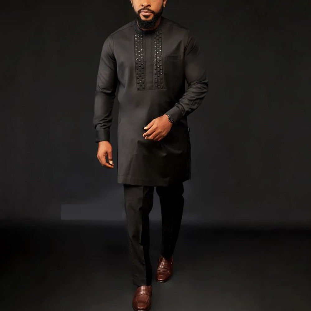 Round neck ethnic style top and trousers set