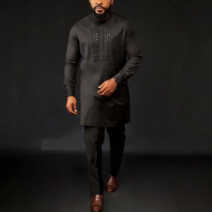 Round neck ethnic style top and trousers set