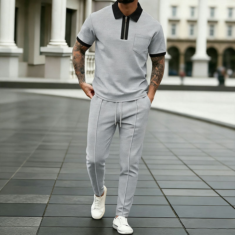 Collared half-zip polo shirt and drawstring trousers set