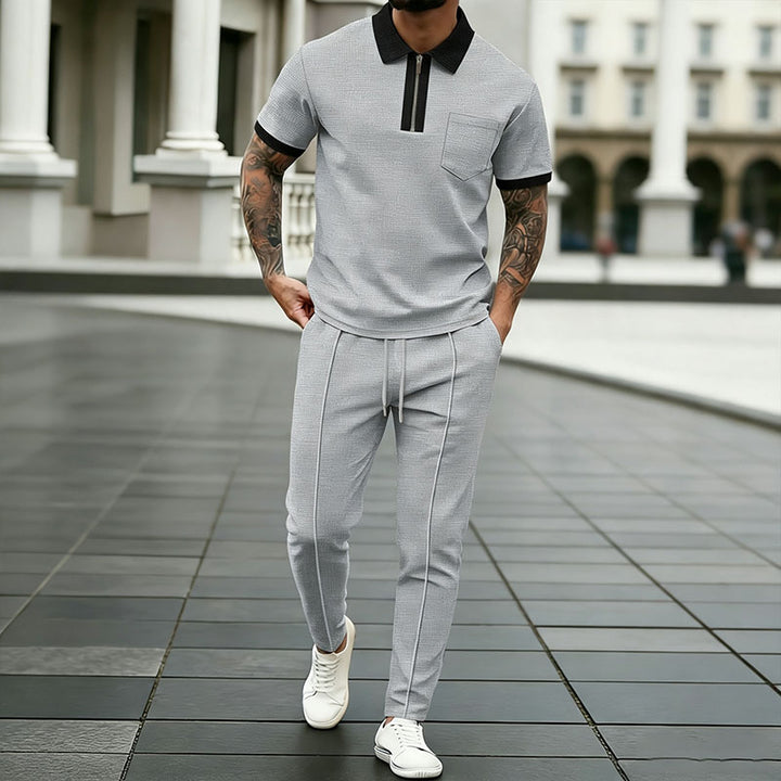 Collared half-zip polo shirt and drawstring trousers set