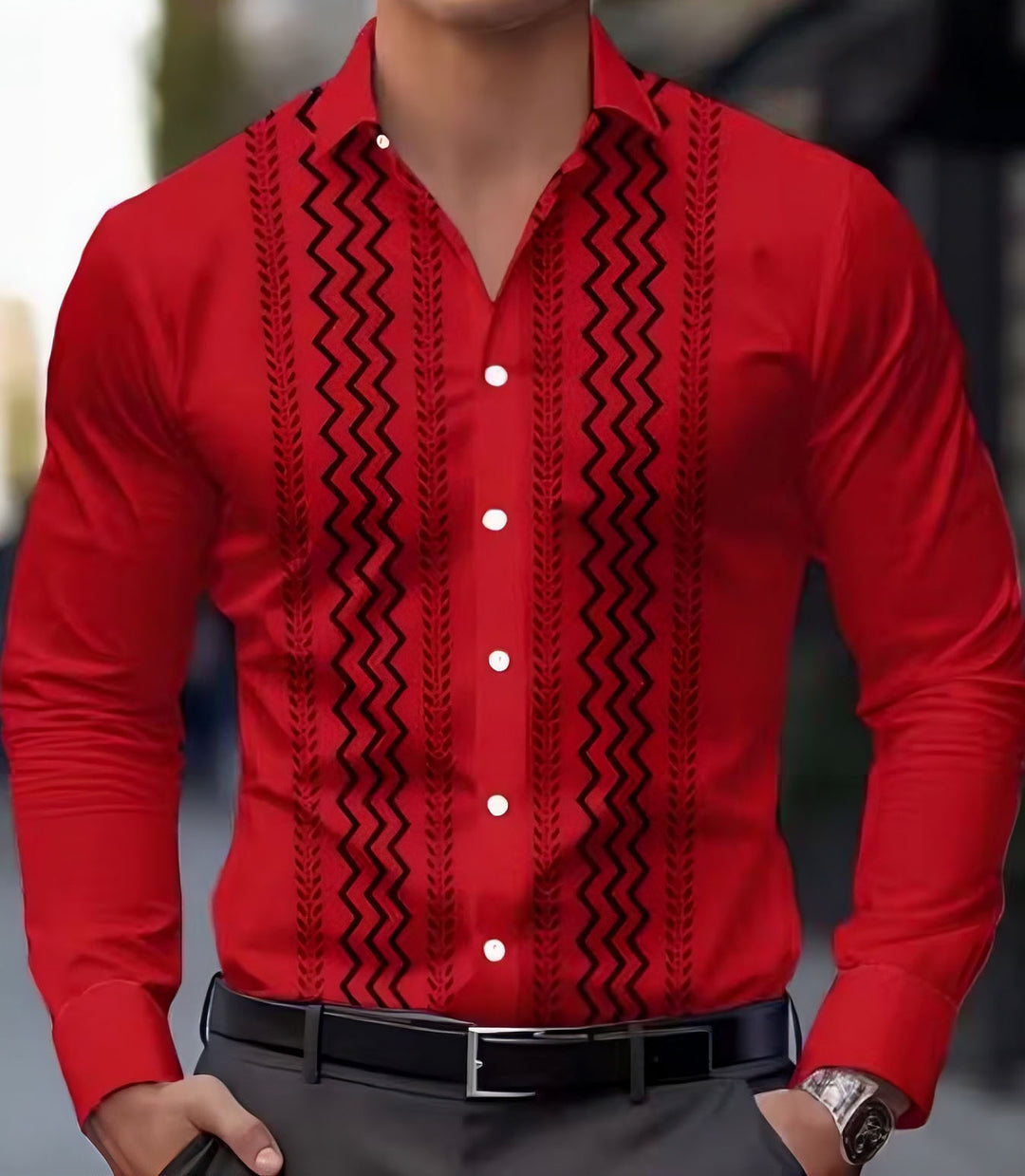 Geometric Print Button-Front Long-Sleeve Shirt
