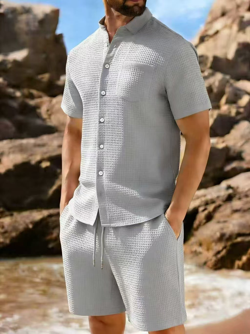 Waffle Knit Polo Two Piece Set