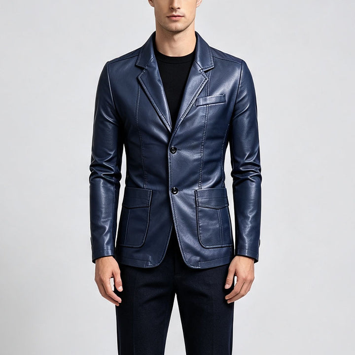 Single-breasted leather blazer with lapels