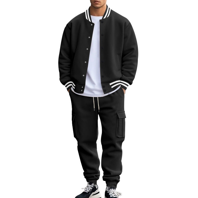 Men Fleece Lined Stand Collar Baseball Jacket Pants 2‑Piece Set