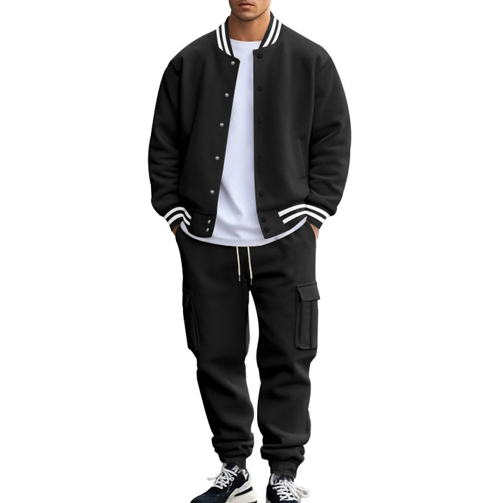 Men Fleece Lined Stand Collar Baseball Jacket Pants 2‑Piece Set