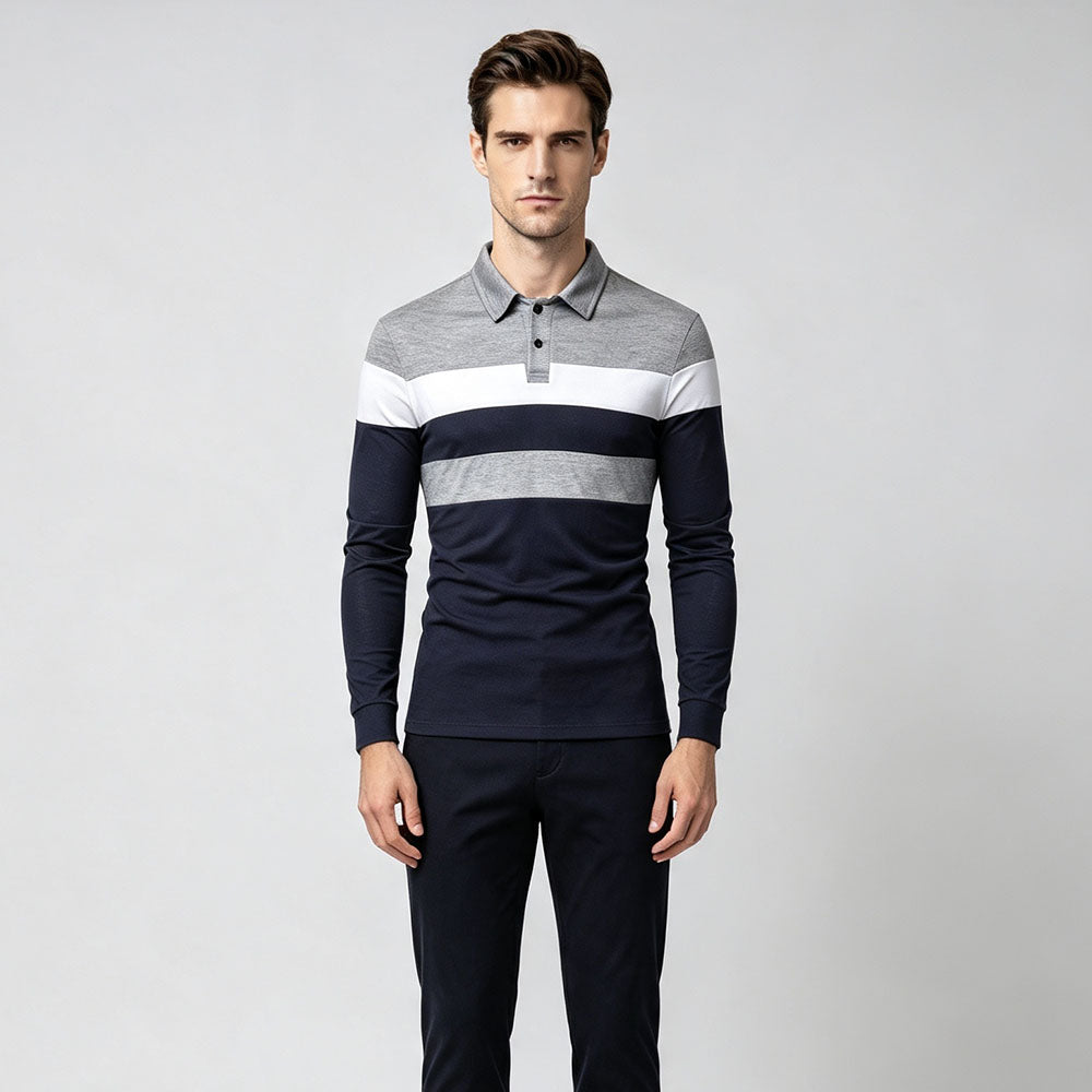 Tricolor patchwork collared long-sleeved polo shirt