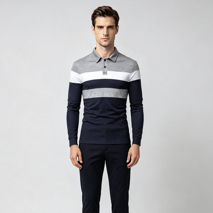 Tricolor patchwork collared long-sleeved polo shirt