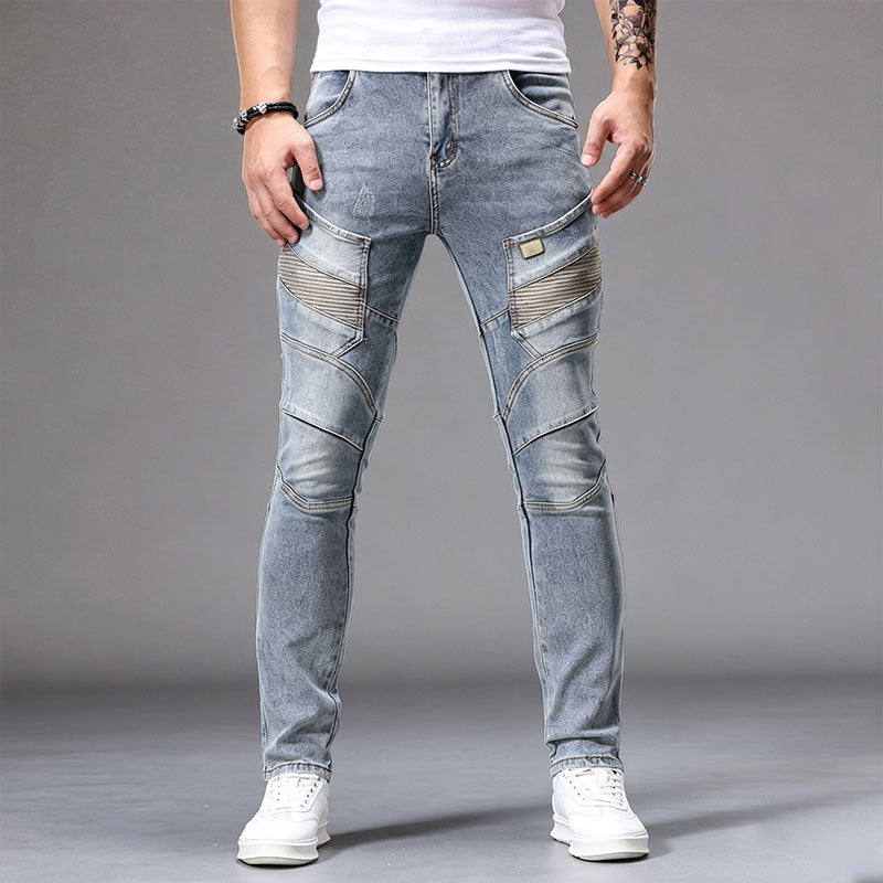 Stylish paneled slim-fit biker-style jeans