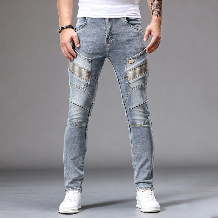 Stylish paneled slim-fit biker-style jeans