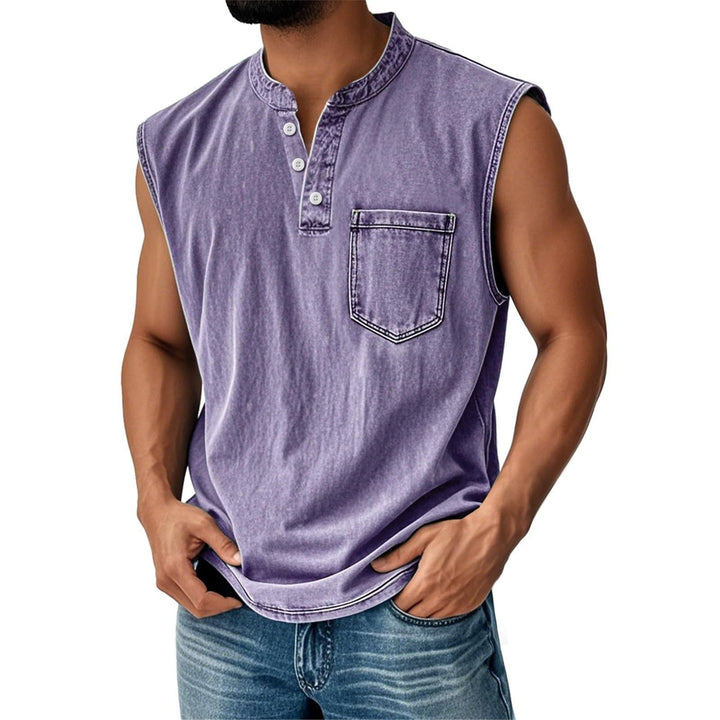 Stand-up collar button sleeveless top