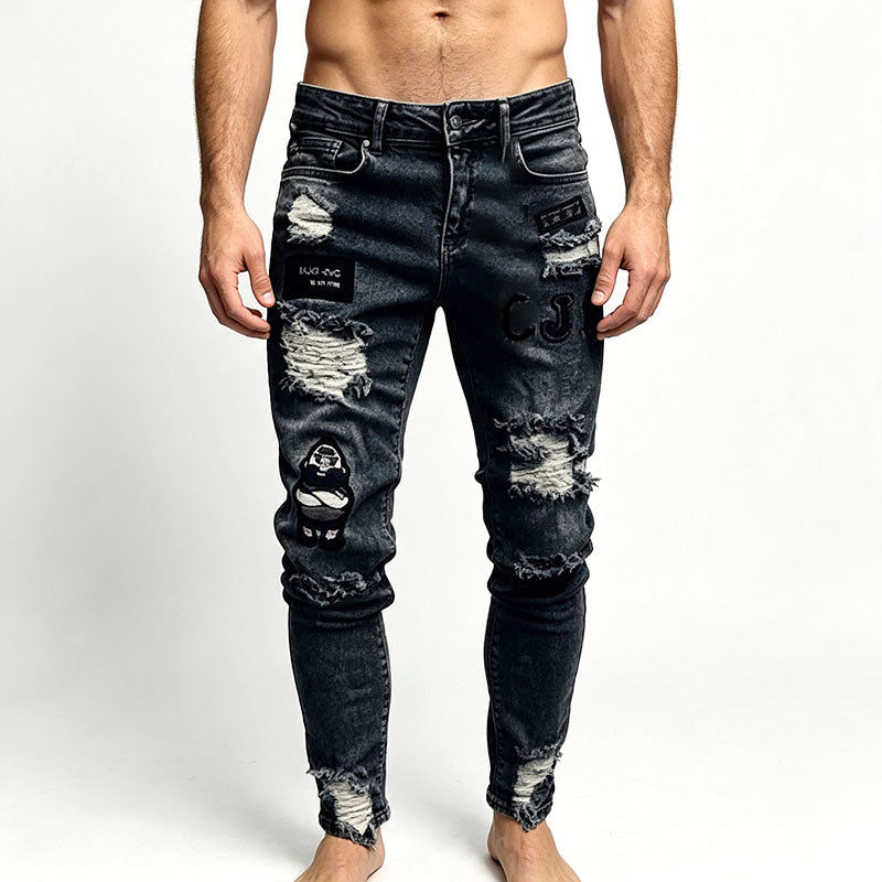 Street style patterned patchwork ripped jeans