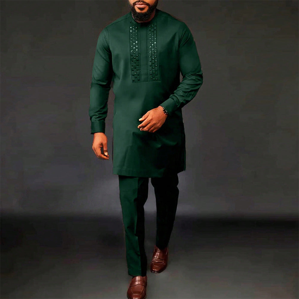 Round neck ethnic style top and trousers set