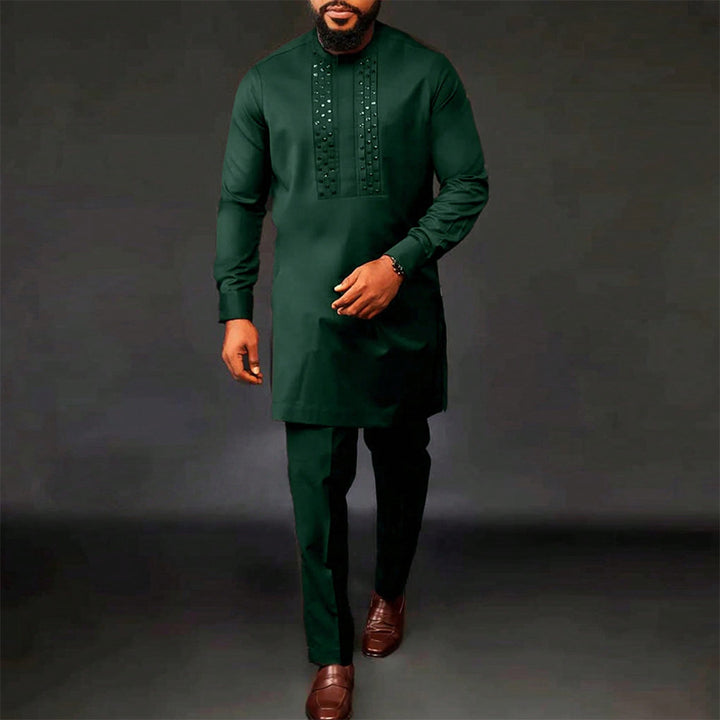 Round neck ethnic style top and trousers set