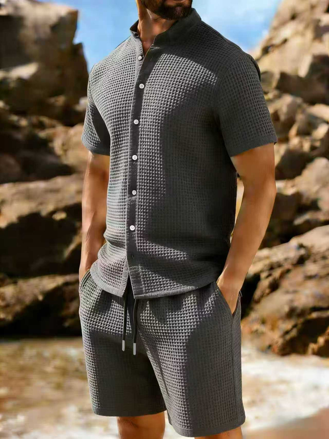 Waffle Knit Polo Two Piece Set