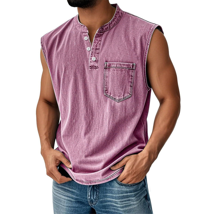 Stand-up collar button sleeveless top