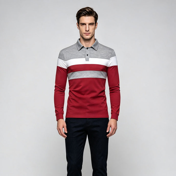 Tricolor patchwork collared long-sleeved polo shirt