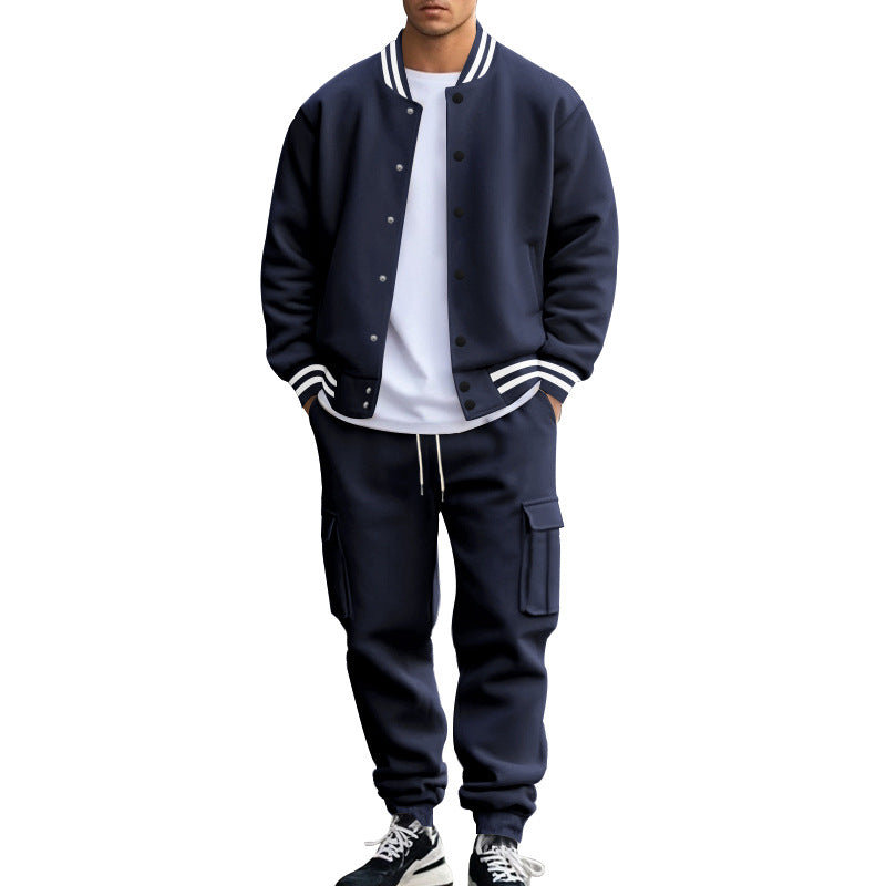 Men Fleece Lined Stand Collar Baseball Jacket Pants 2‑Piece Set