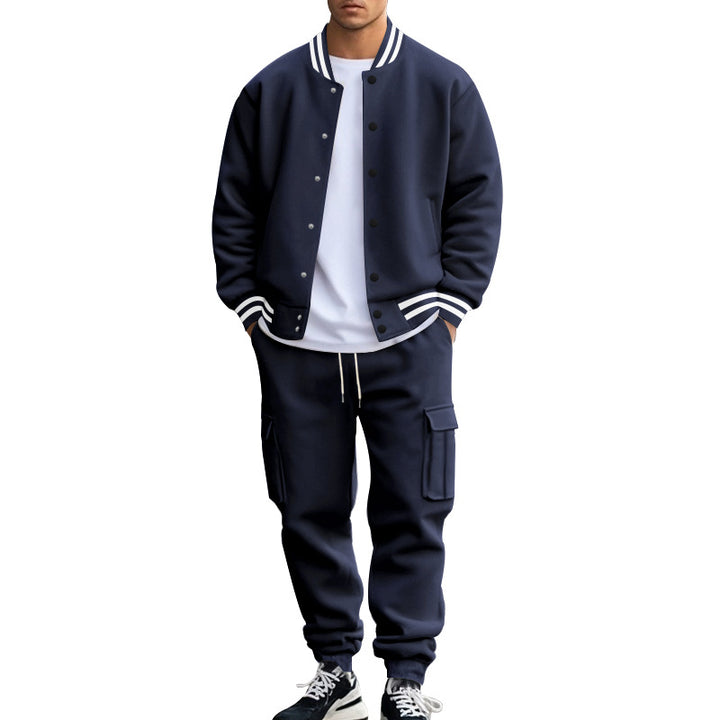 Men Fleece Lined Stand Collar Baseball Jacket Pants 2‑Piece Set