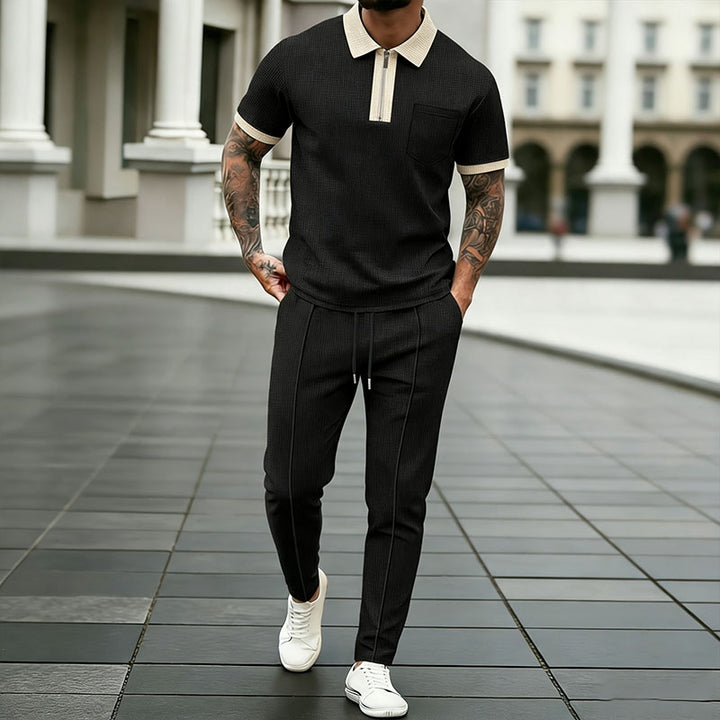 Collared half-zip polo shirt and drawstring trousers set