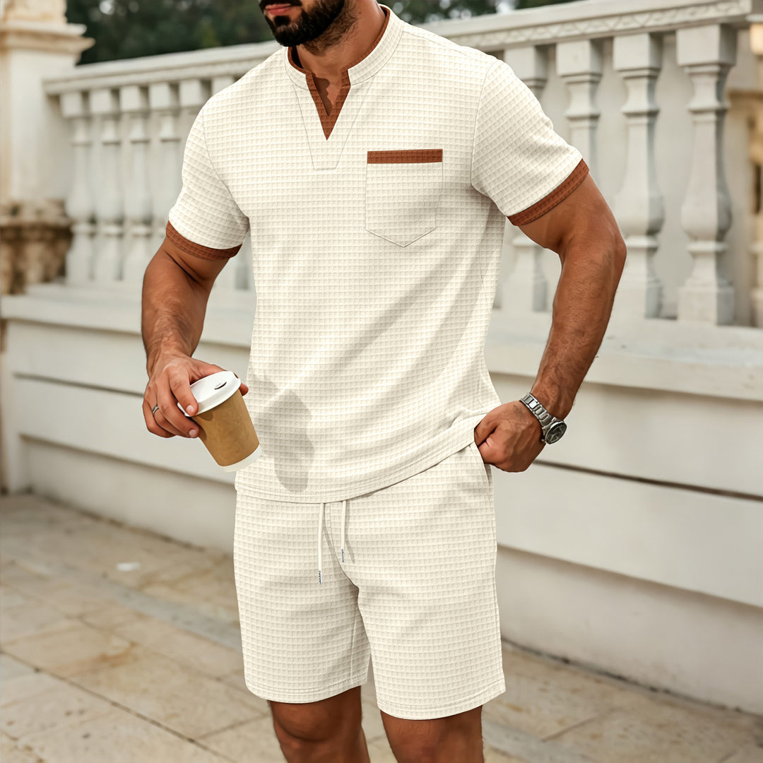 Men’s Casual Plaid Pocket V-Neck Tee &amp; Shorts Co-Ord Set
