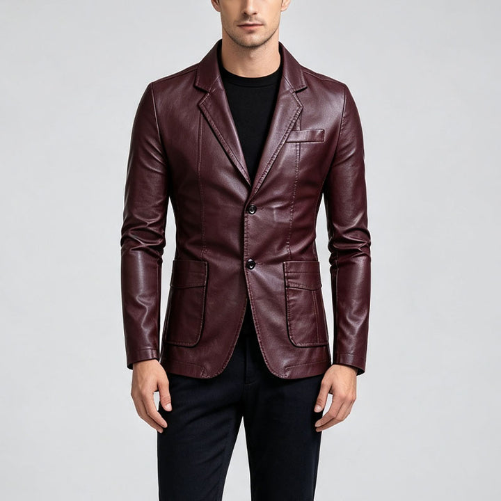 Single-breasted leather blazer with lapels