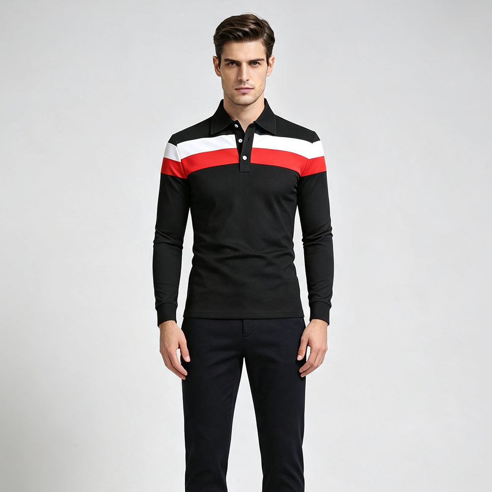 Tricolor patchwork collared long-sleeved polo shirt
