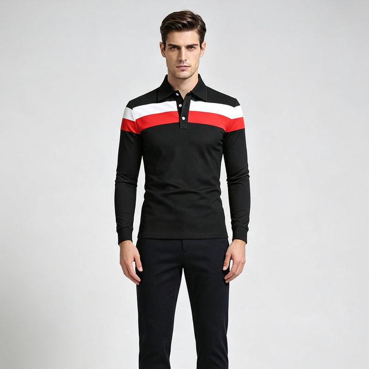 Tricolor patchwork collared long-sleeved polo shirt