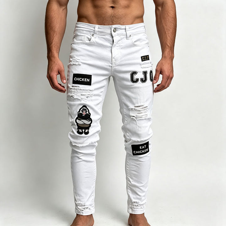 Street style patterned patchwork ripped jeans