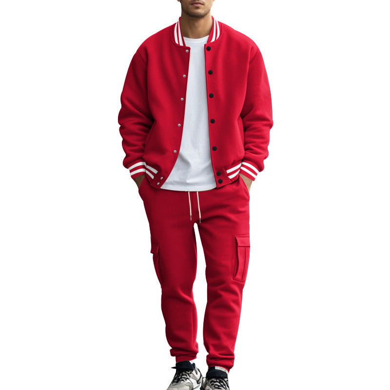 Men Fleece Lined Stand Collar Baseball Jacket Pants 2‑Piece Set