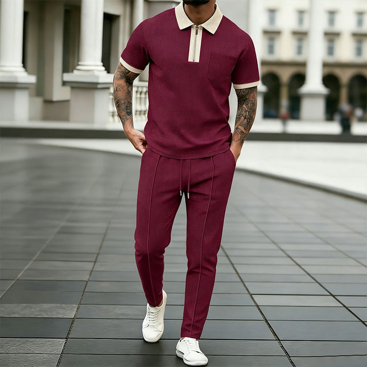 Collared half-zip polo shirt and drawstring trousers set