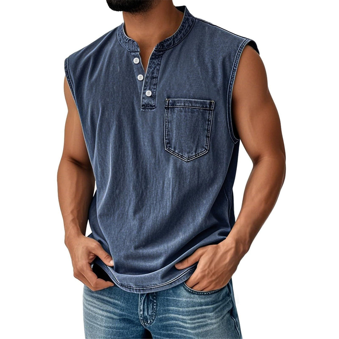 Stand-up collar button sleeveless top