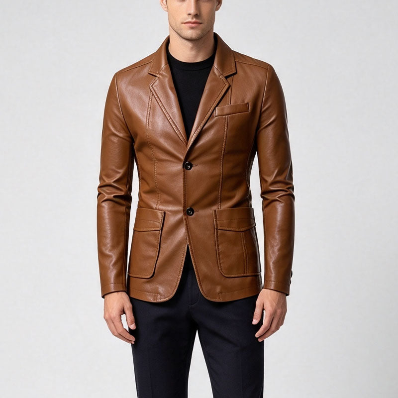 Single-breasted leather blazer with lapels